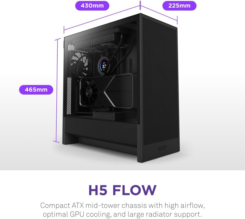 NZXT H5 Flow 2024 - Compact ATX Mid-Tower PC Gaming Case - High Airflow - 2 x 120mm Fans Included - 360mm Front & 240mm Top Radiator Support - Cable Management System - Tempered Glass - Black H5 Flow (2024) Non RGB Fans Black
