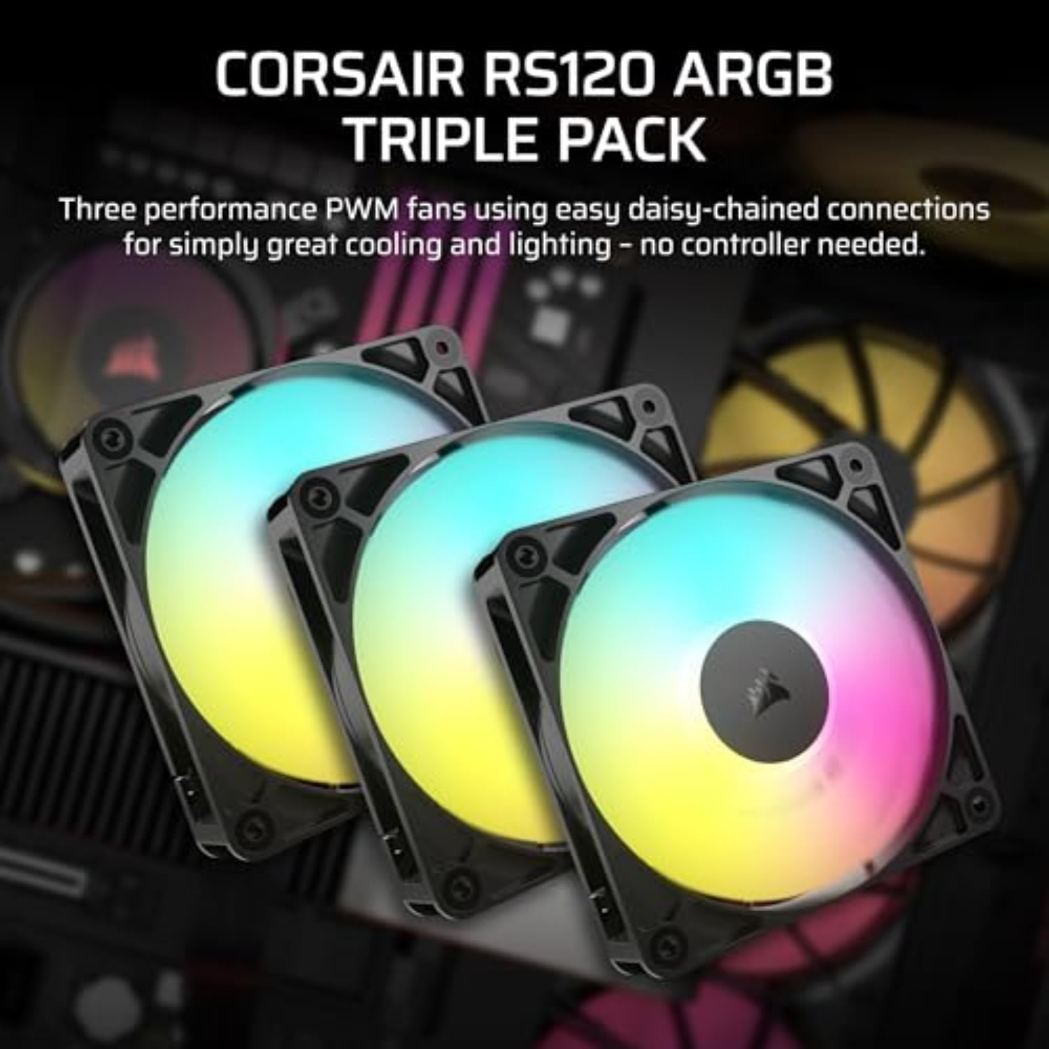 CORSAIR RS120 ARGB 120mm PWM Fans – Daisy-Chain Connection – Low-Noise – Magnetic Dome Bearing – Triple Pack – Black ARGB 3 x 120mm Black